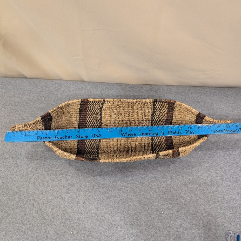 Ethiopian Handwoven Basket Boat Shaped Natural Fiber Striped Brown Tan - Picture 8 of 10